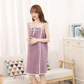 Soft purple coral fleece wearable bath towel wrap with bow and shoulder straps - One Size / Purple (Bowknot)