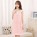 Pink wearable coral fleece bath towel dress with shoulder straps and bow detail - One Size / Cherry Pink (Bowknot)