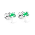 Silver coconut tree stud earrings with green enamel leaves on a white background - Palm Tree