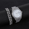 Macro view of iced-out silver watch and Cuban bracelet set with shimmering diamonds - Silver Set (black Box)