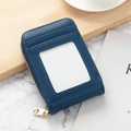 Slim dark blue litchi leather wallet card holder with clear ID window and gold zipper - Sapphire Blue