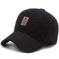 Men's winter baseball cap in black with warm ear protection and brown sport leather patch - Adjustable / Black