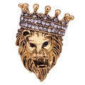 Vintage gold lion head brooch with crown and crystal accents for men coat - Antique Gold