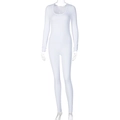 Detailed front view of white long-sleeve slim fit jumpsuit with U-neck design - S / White
