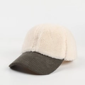 Detail of cream sherpa and olive green corduroy patchwork on a winter baseball cap - Adjustable / White (Corduroy Brim)