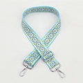 Adjustable light blue purse strap with white daisy pattern and silver metal hooks - No. 99 / Silver