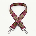 Adjustable ethnic pattern bag strap with pink and green geometric weave and metal hooks - No. 105 / Gunmetal