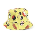 Close-up of yellow bucket hat with colorful Japanese sushi and dango cartoon prints - M (56-58cm) / Cake - Yellow