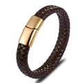 Braided dark brown leather bracelet for couples with a sleek golden metal clasp closure - 19cm / Gold Clasp Brown Leather