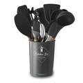 Set di 11 utensili da cucina in silicone nero con manici in legno e secchiello portaoggetti - Stile con secchiello grande / grigio scuro