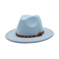 Classic light blue wool fedora hat with a brown leather belt and metallic rivet accents - M (56-58cm) / Sky Blue