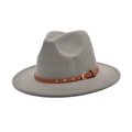 Detail of grey felt wool fedora hat featuring a stylish brown leather decorative belt - M (56-58cm) / Light Gray