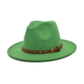 Detail of green felt fedora hat featuring brown leather band and gold buckle accent - M (56-58cm) / Grass Green
