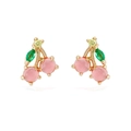 Pink cherry stud earrings with green leaf stones and gold finish for women - Pink Cherry