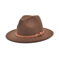 Brown wool felt jazz fedora hat with decorative leather band and metal buckle - M (56-58cm) / Coffee