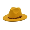 Detailed close-up of yellow felt fedora with brown leather band and metal rivets - M (56-58cm) / Yellow