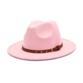 Detail of pink wool felt jazz hat featuring a brown leather band with metal rivets - M (56-58cm) / Pink