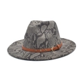 Close-up of grey snakeskin wool fedora with brown studded leather belt buckle strap - M (56-58cm) / Dark Gray