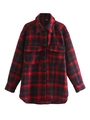 Detailed flat lay of red and black plaid flannel shirt jacket with dual chest pockets - S / Red Plaid