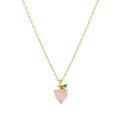 Golden necklace with pink peach pendant and green leaf detail on white background - Peach Style (XL00053)