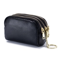 Black pebble leather mini coin purse with three zippers and golden key ring chain - Black