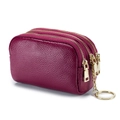 Deep red pebbled leather mini wallet with three zippers and gold keychain accessory - Rose Purple