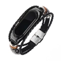 Vintage leather strap for Xiaomi Mi Band with ethnic silver metal accents and brown beads - Gen 5-6: Black Leather + Black Frame