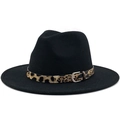 Detail of black wool fedora with leopard print belt and metal buckle for women - M (56-58cm) / Black