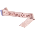 Sparkling rose gold glitter sash featuring Birthday Queen text and festive symbols - Rose Gold Birthday Queen Sash (Glass Style)