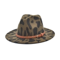 Close-up of leopard print fedora hat featuring a brown leather band and gold metal studs - M (56-58cm) / Army Green (Leopard Print)