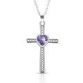 Collana con ciondolo a croce con gemma a cuore viola e zircone bianco finitura argento - Collana Febbraio Ametista Croce Portafortuna