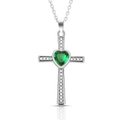 Silver cross necklace featuring a large green heart-shaped gemstone and white zircons - May Emerald Cross Birthstone Necklace