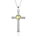 Cross pendant necklace with yellow heart gemstone and silver chain for women - August Peridot Cross Birthstone Necklace