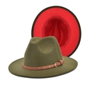 Detail of army green wool fedora showing contrast red brim and brown studded leather belt - Army Green and Red