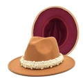 Wool fedora hat with pearl band decoration and two-tone burgundy lining details - M (56-58cm) / Camel (Wine Red Lining)