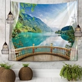 Arazzo con vista finestra su paesaggi montani e lacustri per arredo camera - 150x130cm / Vista sul Lago