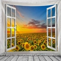 Dettaglio arazzo 3D finestra con campo di girasoli e tramonto su parete bianca - Vista Finestra Europea