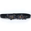 Elegant black elastic waist belt with dark blue beaded floral accents for women - Navy Blue