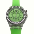 Fluorescent green quartz watch with transparent case and rhinestone bezel for students - Green