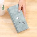 Light blue-grey long matte leather wallet for women with cute cartoon detail and embroidery - Long Style / Blue
