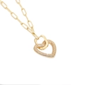 HipHop gold interlocking heart pendant necklace with zircon on a paperclip chain - White Zirconia Heart