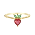 Golden ring with red heart gemstone and green crystals on beaded band texture - Red Strawberry (JZ00010)