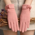 Pink winter warm gloves for women featuring elegant bow decoration and suede texture - Pink