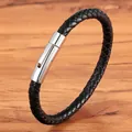 Classic black braided leather bracelet with a polished stainless steel cylinder clasp - 19cm / Silver
