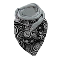 Detail of paisley print neck warmer with gray fleece lining and secure button closure - Black and White Contrast Paisley