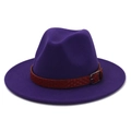 Detail of deep purple wool jazz hat featuring a red braided band and silver metal buckle - 58cm / Purple