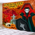 Orange Halloween Party tapestry with cartoon vampire, demon and pumpkin for dorm decor - Orange Halloween Party