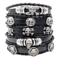 Handmade multilayer black leather bracelet set with silver skull charms and braided bands - Five-Piece Set