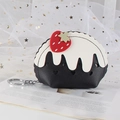 Mini black and white cupcake coin purse with red strawberry and heart cutout detail - Black
