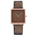Close-up of a vintage square quartz watch with rose gold case and brown leather strap - Gold Case Coffee Dial Coffee Strap
